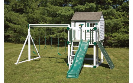 Swing Kingdom Hideout Playhouse Vinyl Swing Set Model C4 in White & Green